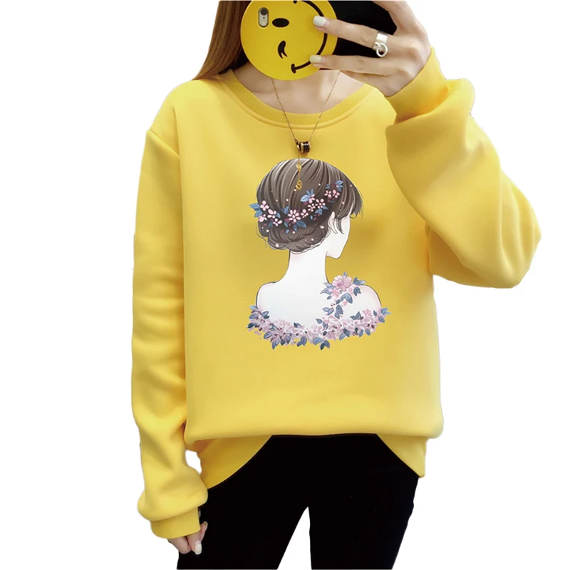 

CN 2021 Autumn Fashion Sweatshirt Women Print O Neck Pullovers Hoodies Casual Kawaii Solid Color Women Sweatshirts