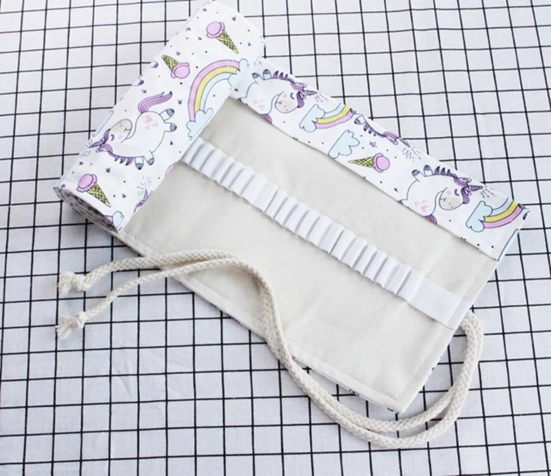 

36 48 72 Holes Canvas Black Pencil Case Kawaii Cat Unicorn Art Pen Bag Pouch Wrap Roll Makeup Cosmetic Brush Storage Stationery