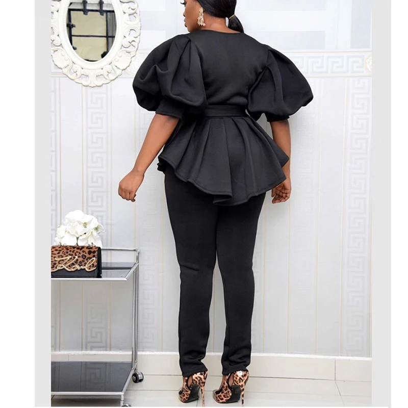 

Women Blouses V Neck Short Lantern Sleeve with Sashes Peplum Ruffles Plus Size XXL Elegant Office Lady Work Shirt Female Blusas