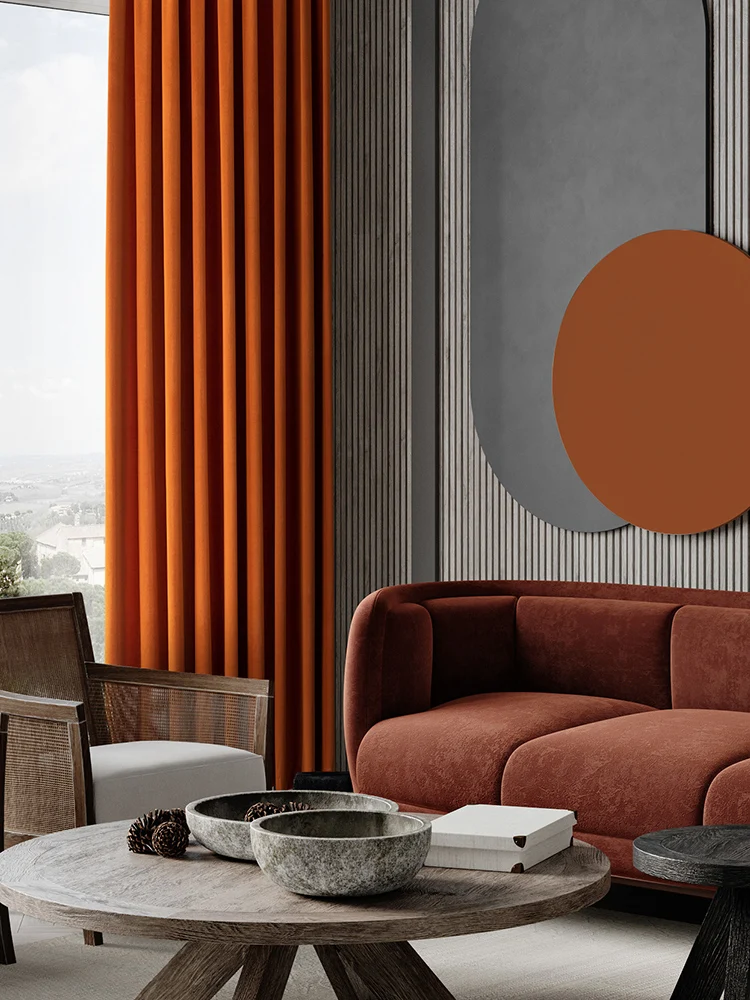 

2021 Popular Shading Nordic Minimalist Curtain for Bedroom Heat Insulation Sunscreen Orange Light Luxury Shade Velvet Curtains