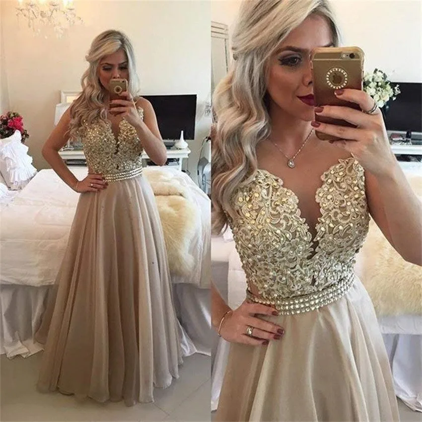 

Chiffon Beaded Lace Applique Long Prom Dress Sheer Back Sleeveless Formal Gown O-Neck Floor Length Evening Dresses vestido festa