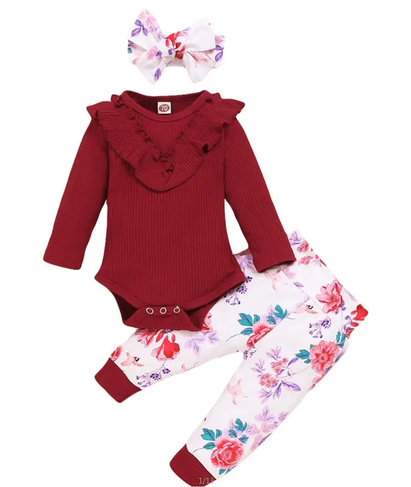 

Детский трикотажный комбинезон с длинным рукавом, с оборками, штаны с цветочным принтом, повязка на голову, домашняя одежда для новорожденн...