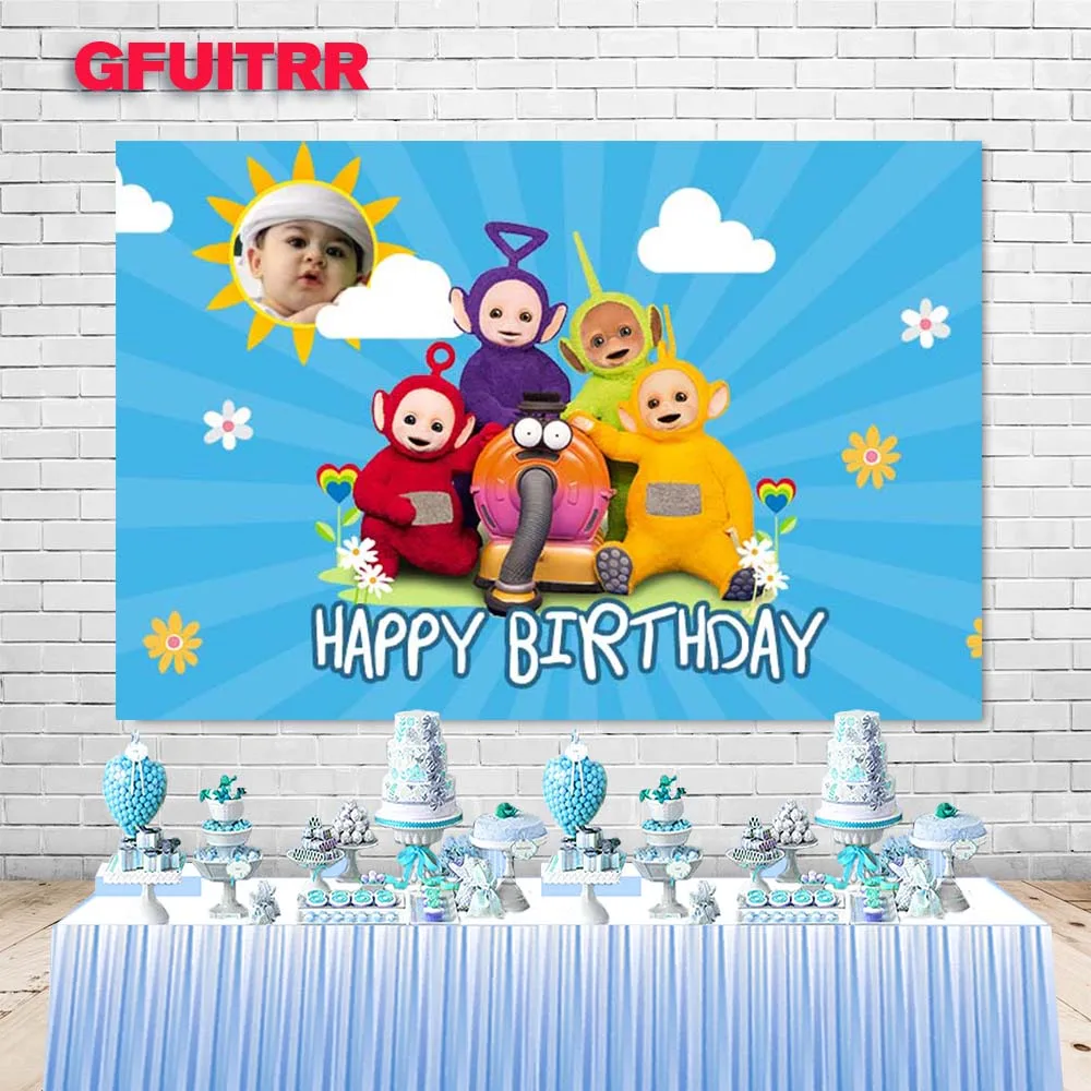 

GFUITRR Teletubbies Photography Backdrop Kids 1st Birthday Baby Shower Cartoon Photo Background Blue Vinyl Photo Booth Props