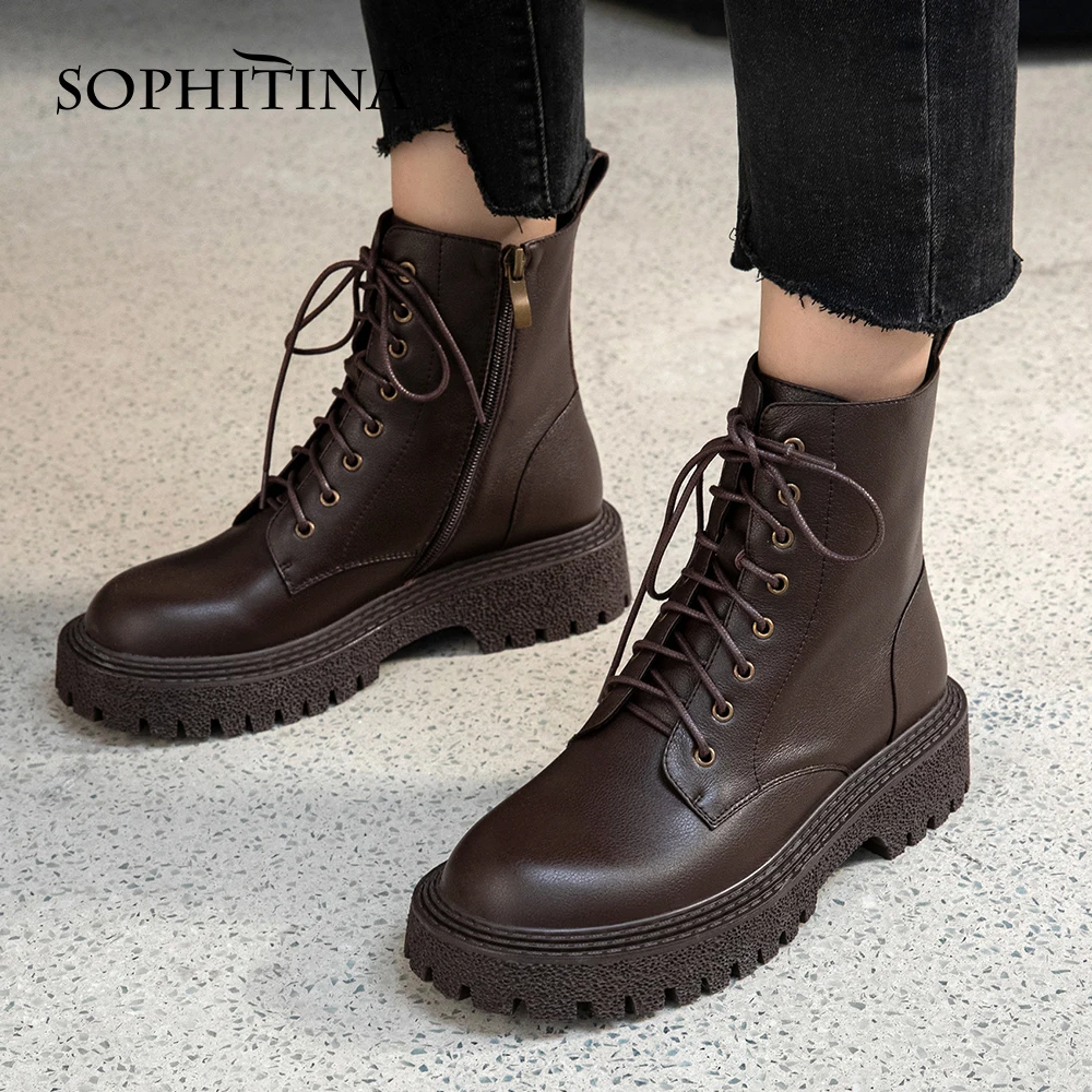 

SOPHITINA Platform Shoes Women Boots Round Toe Cross-tiied Casual Office Lady Shoes Lace Genuine Leather Female Shoes New WO937