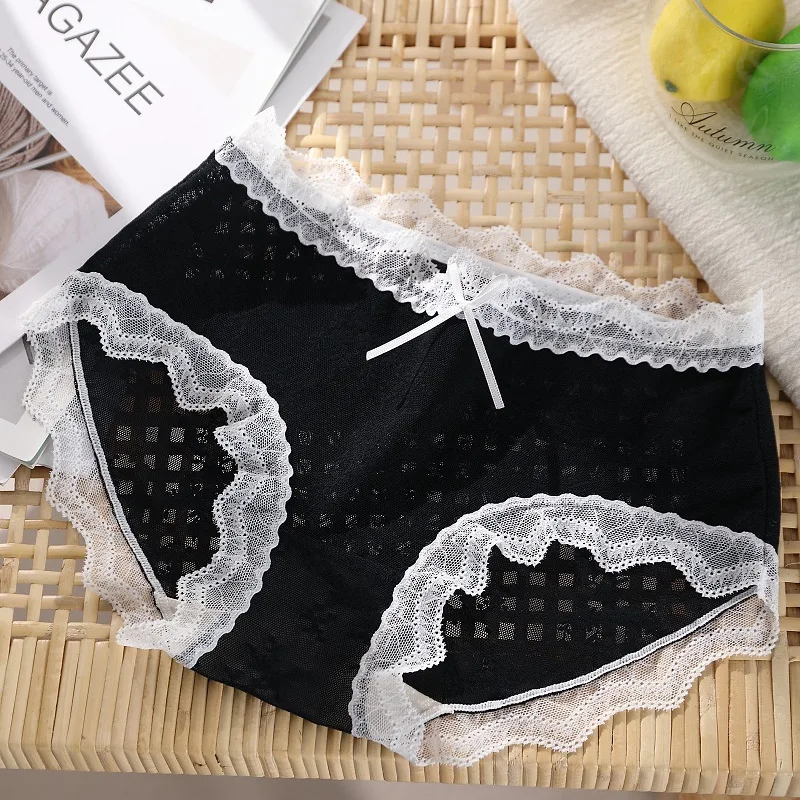 

Lace Women's Underpanties Large Size XXL Mid Waist Lingerie Female Sexy Black Panties Bow Print Slimming Seamless Underwear