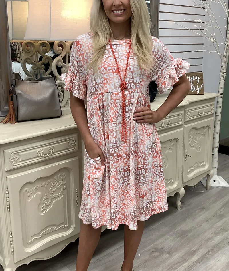 

Vintage print mini shift dress Women double pocket short sleeve o-neck straight dress Plus size summer clothes for women