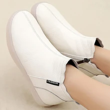 Botines de cuero genuino para mujer, Calzado cómodo con cremallera, zapatos de enfermera, botas de plataforma con forro de terciopelo fino, 2021