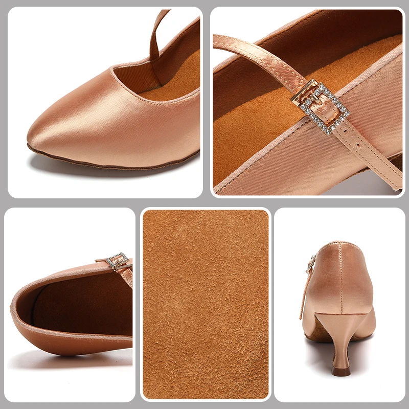 Women Latin Dance Shoes SILK Ballroom Modern Pole Dance Shoes Salsa Tango Middle Heel Closed Toe Latin Shoes For Girls Ladies