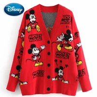 disney stylish mickey mouse cartoon print v neck cardigan single breasted streetwear red women sweater knitted long sleeve tops