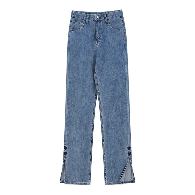 

[EAM] High Waist Blue Embroidery Slit Long Wide Leg Jeans New Loose Women Trousers Fashion Tide Spring Autumn 2021 1DE1485