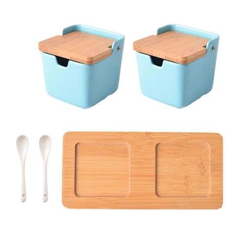 LIGHT BLUE 2PCS SET Скандинавский креативный горшок для приправ, сахарница, кухонная керамика, горшок для приправ, коробка для приправ, Европейский бытовой горшок для приправ, солевой горшок, банки - Цвет: LIGHT BLUE 2PCS SET