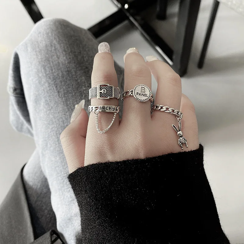 Vintage Ring Set Men Women Resizable Punk Goth Hippie Edgy Stylish Chain Lucky Letters Rabbit Charms Open Ring For Eboys Egirl