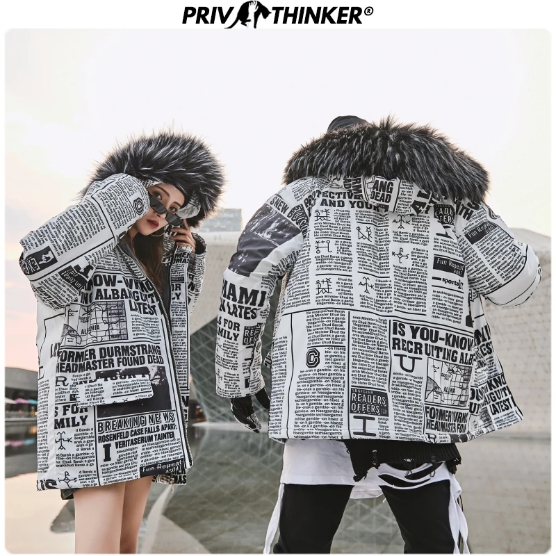 Privathinker, мужская и женская модная куртка с газетным принтом, мужские парки, s, толстое теплое зимнее пальто, парка, мужское меховое пальто с капюшоном, Winderbreak