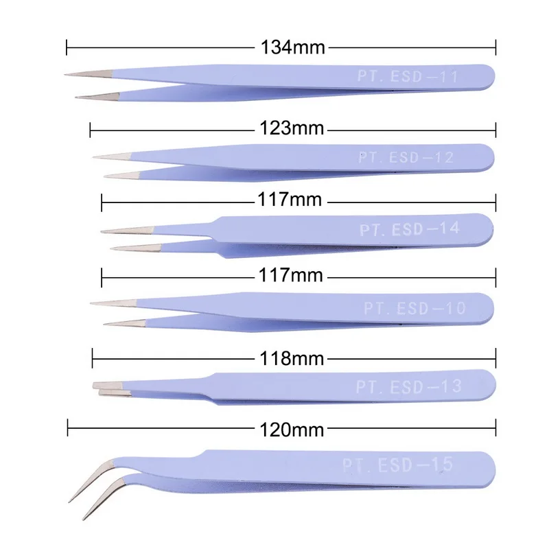 Purple 6pcs set 6 шт. антистатические пинцеты из нержавеющей стали набор инструментов для ремонта электроники набор прецизионных моделей ручной набор инструментов - Тип головки пинцета: Purple 6pcs set