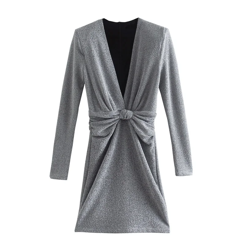 

MESTTRAF 2021 Sexy Pleated Back Zipper Mini Dress Tie a Knot Silver Long Sleeve Party Dresses Vestidos Elegantes Para Mujer