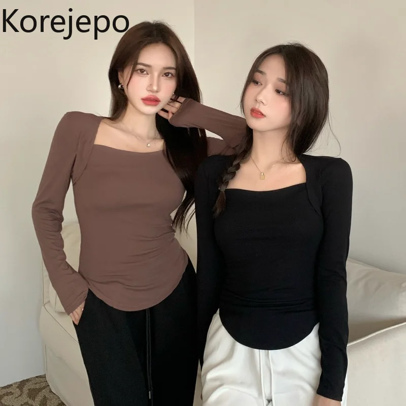 

Korejepo Women T-shirt 2021 Spring Autumn New Korean Chic Retro Sexy Square Collar Bottoming Shirt Short Long-sleeved Slim Tops