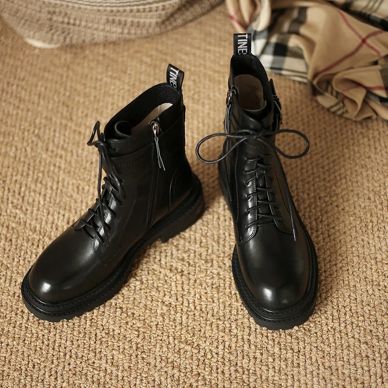 

LIBIELIY Genuine Cow Leath Lady Boots Women's Lace-up Platform Single Boots Nice Autumn British Style Ankle Boots Women