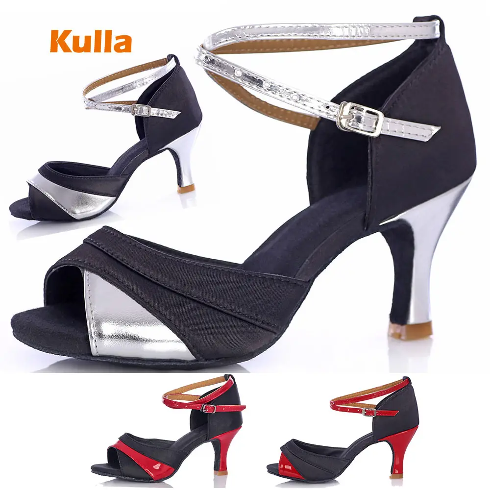 

Латинская танцевальная обувь женская танцевальная обувь для бальных танцев обувь танго цвета черный/серебристый на высоком каблуке; Женск...