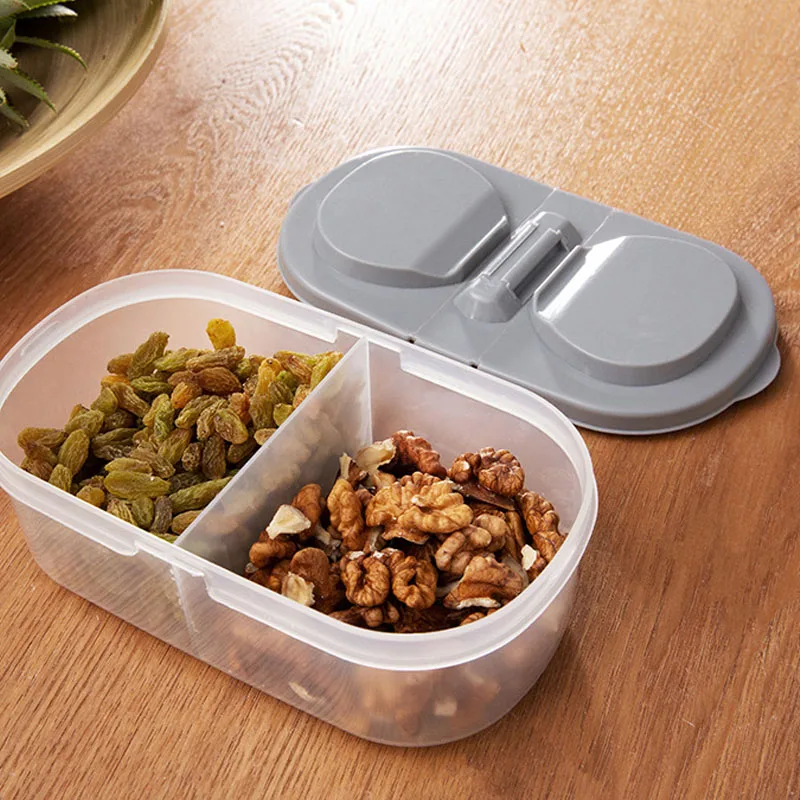 

2pcs Double Grids Kitchen Storage Box Grains Beans Storage Sealed Lid Home Organizer Food Container Refrigerator Sealing Case