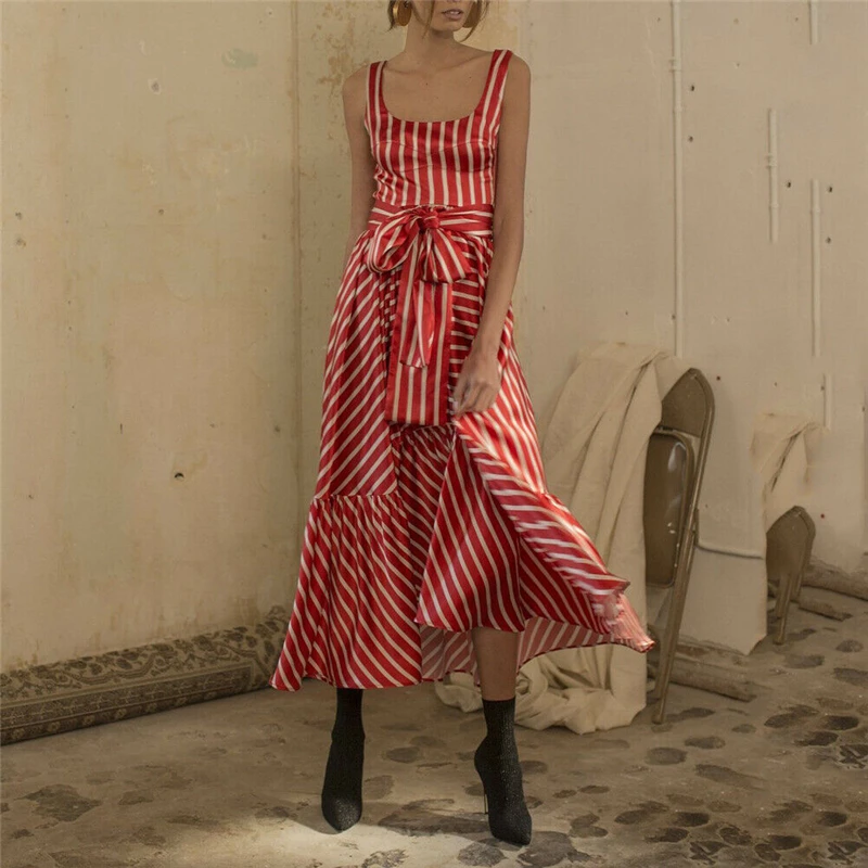 Fashion Casual Women Sleeveless Striped Boho Floral Square Collar Long Dress Cocktail Party Holiday Summer Beach Sundress | Женская