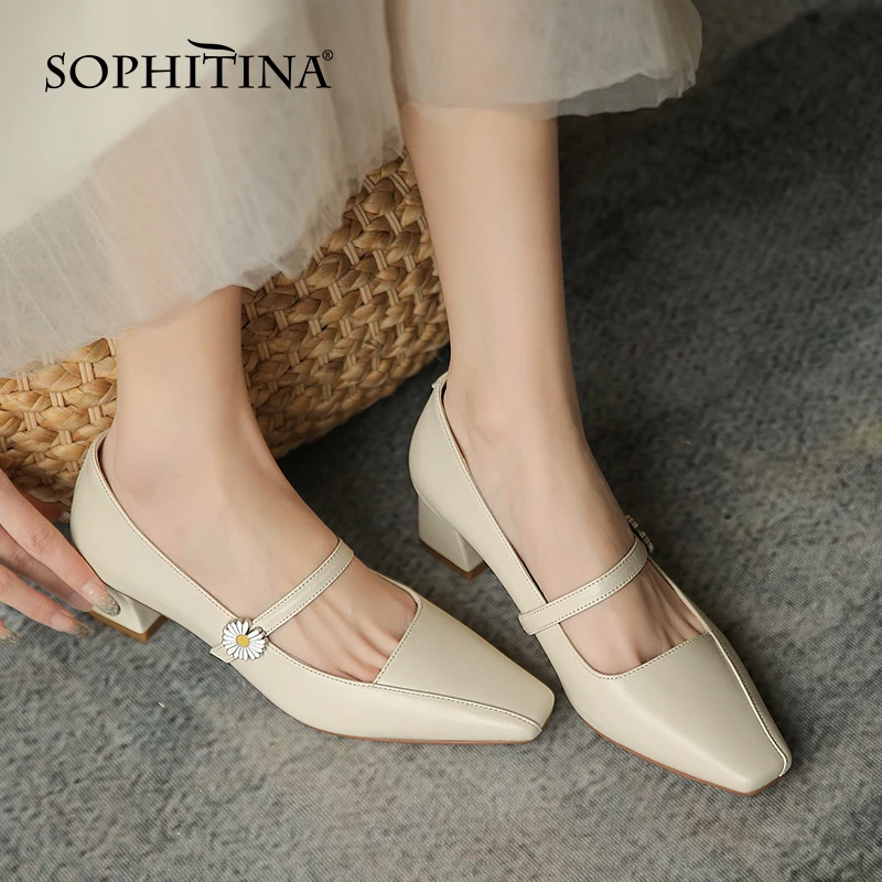 

SOPHITINA Spring Korean Women Shoes Daily Buckle Daisy Sweet Square Toe Shoes Thick Heel Shallow Mouth Dating Female Pumps AO487