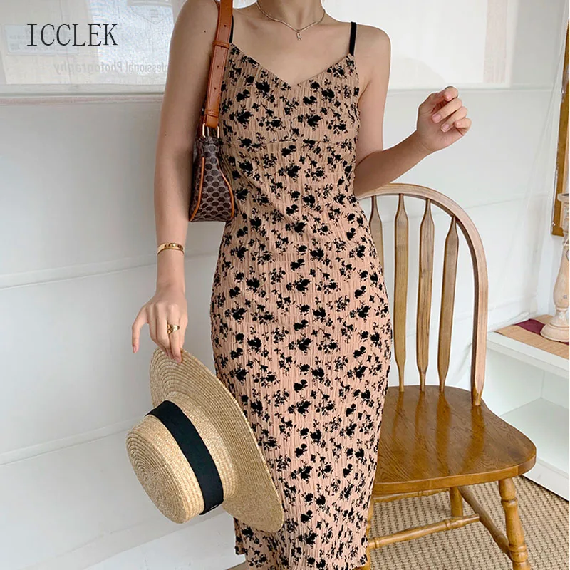 

New Fashion 2021 Summer Dress Vintage Floral Dress Korean Chic Sling Dress Beach Style Dress Holiday Dress Midi Female Dress