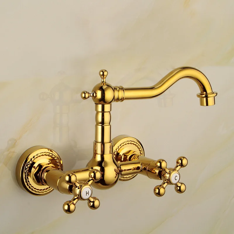 

All-Copper Wall Faucet European-Style Retro Wall Faucet Wholesale Household Golden Hot and Cold Mixed Faucet