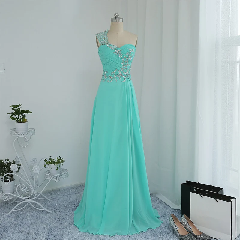 Мятные зеленые платья на выпускной А силуэт одно плечо шифон Длинные Кристаллы