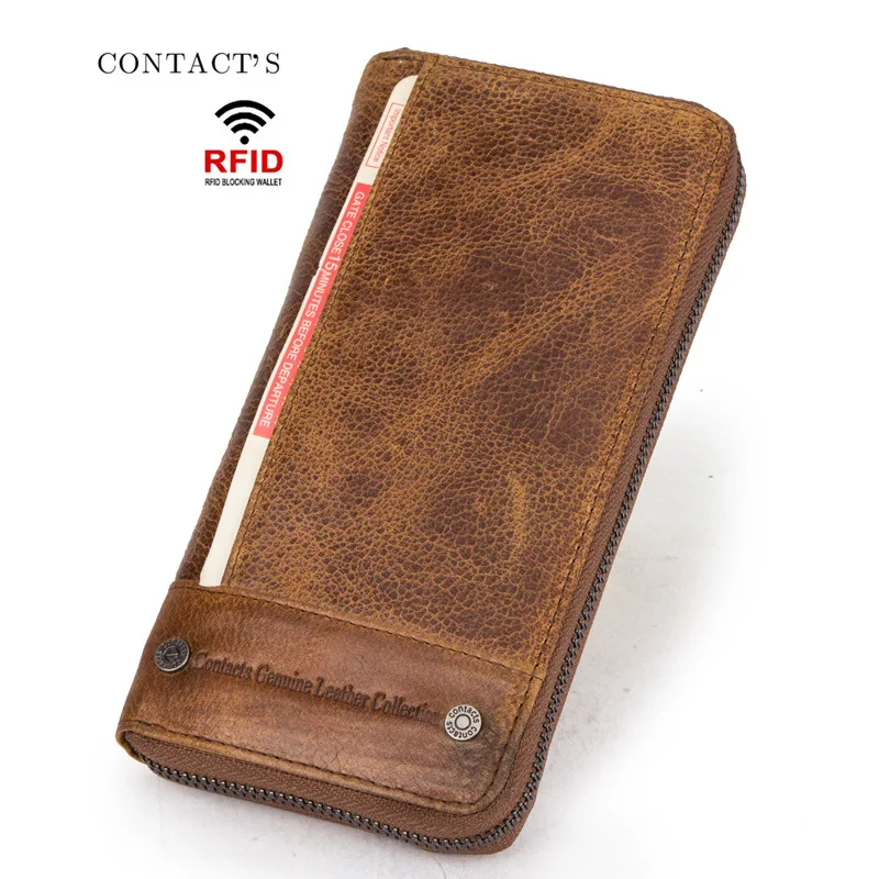 Leather Wallet for Men Retro Crazy Horse Leather RFID Anti-theft Brush Men's Wallet Multifunctional Long Zipper Bag