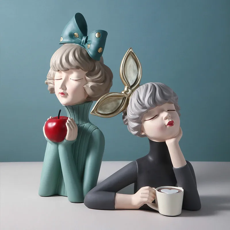 

Nordic Modern Bowknot Girl Statue Sculpture Resin Wedding Gift Desktop storage Family figures Modern Home Decoration Accessories