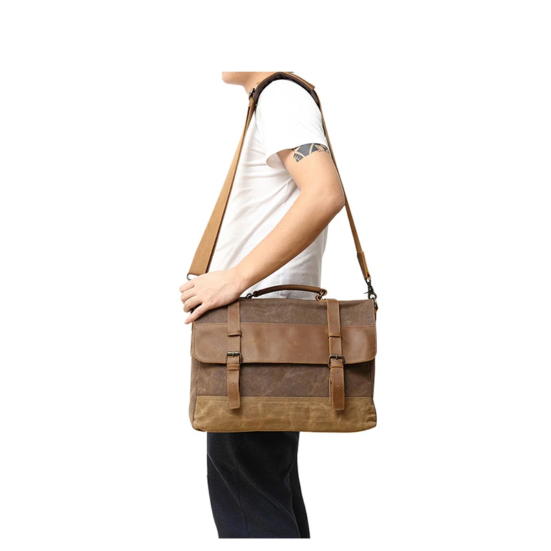 Винтажный Мужской портфель из натуральной вощеной кожи с холщовым покрытием