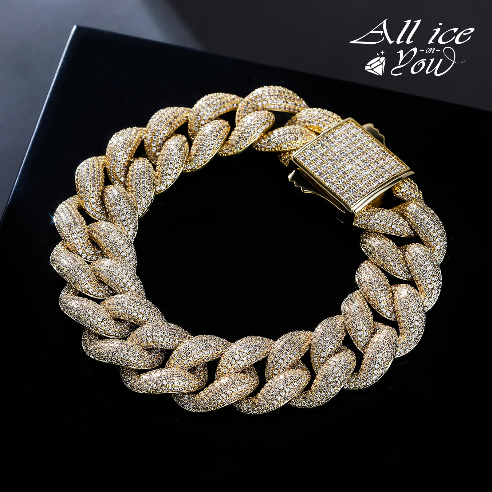 ALLICEONYOU 18MM High Qualtiy Iced Out Cubic Zirconia Bracelet Cuban Chain Hip Hop Jewelry For Men and Women Gift