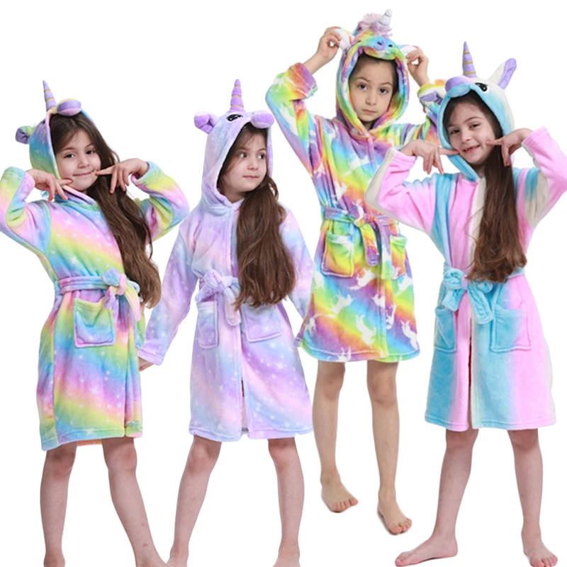 New Winter Robes Baby Bathrobe Unicorn Nightgown Boys Girls Sleepwear Robe Children Flannel Hooded Animal Pajamas Kids Homewear
