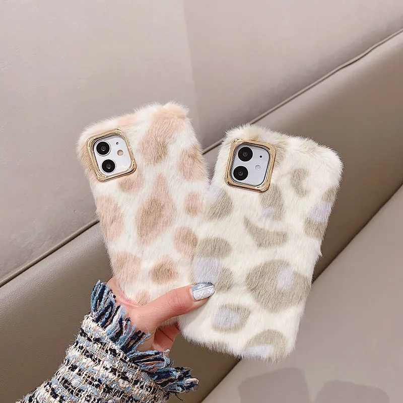 

Leopard Print Fluffy Winter Warm Fur Phone Case For iPhone 12 Mini 11 13 Pro Max XS X XR 6S 6 7 8 Plus SE Furry Soft Plush Cover