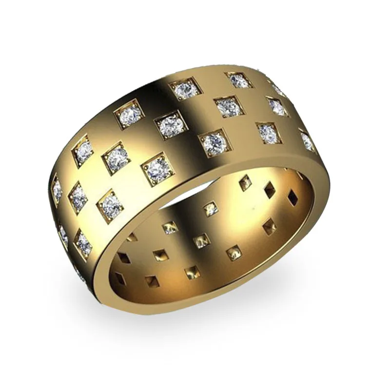 

High Quality Square Cubic Zirconia Crystal Gold Color Wide Male Alloy Ring For Men Party Jewelry Accessories Size 6-10