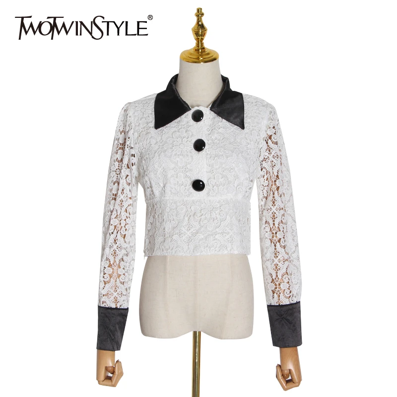 Кружевная рубашка TWOTWINSTYLE с отложным воротником и длинным рукавом|Рубашки| |