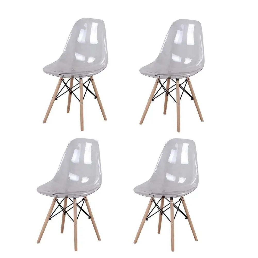 

A Set of Four Modern Style Dining Chairs, Plastic Shell, Solid Wood Feet and Metal Wires, Suitable for Restaurants and Lounges