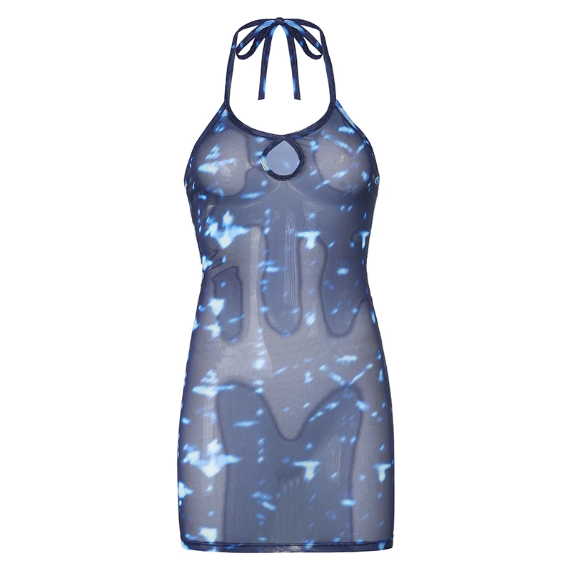 

Halter Mesh Skinny Sexy Mini Dress 2020 Sumeer Clubwear Casual Woman See Through Party Dresses Hollow Out Clothing bodycon dress