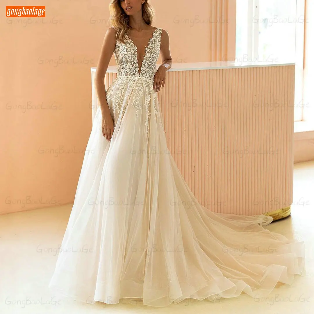 

New Boho Ivory Wedding Dress 2021 Sleeveless Vestido De Novia Lace Appliqued Tulle A Line Hochzeitskleid Custom Made Bride Gowns