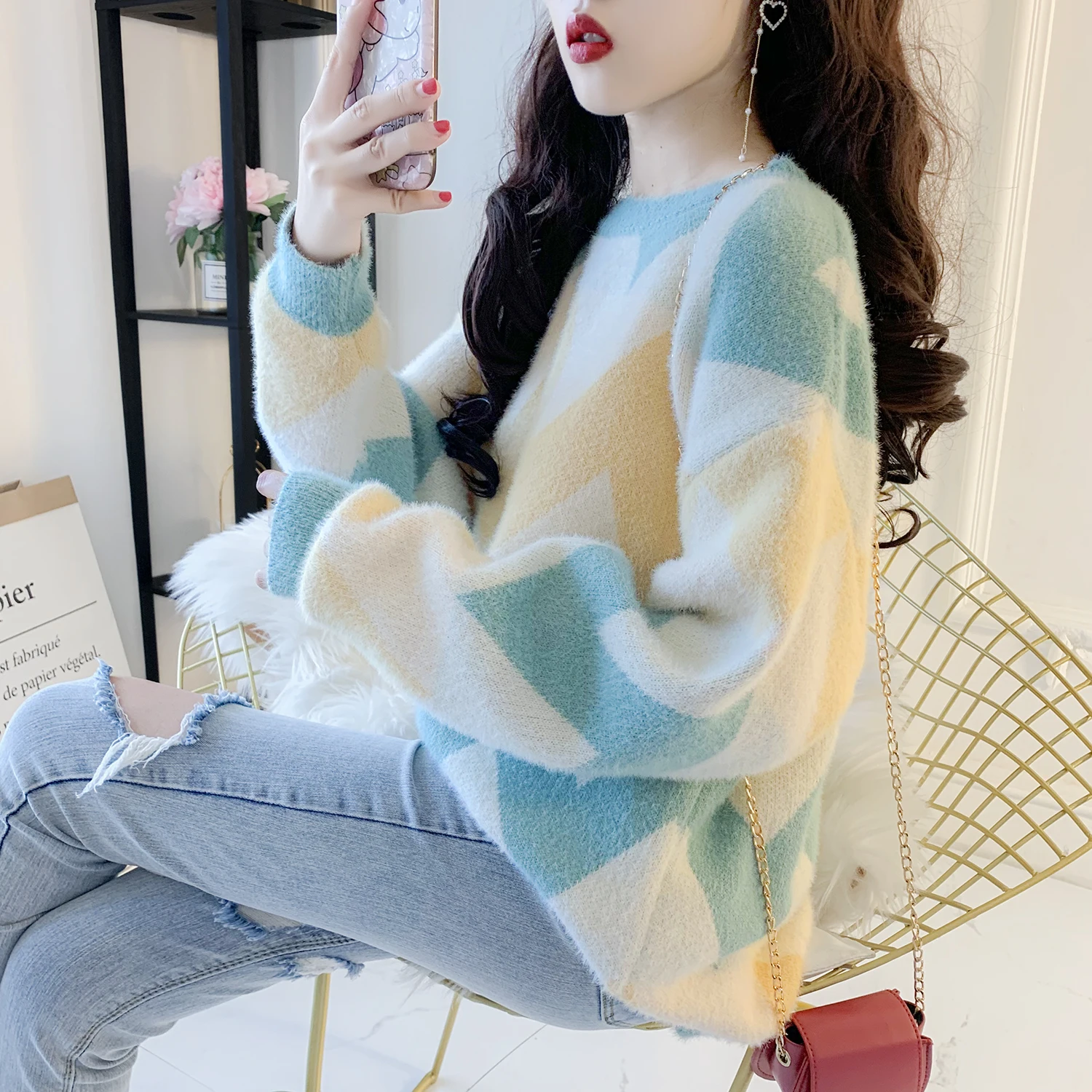 Mink Cashmere Spring 2020 winter knitted sweater velvet striped pullover Women sweaters and pullovers oversized 45G | Женская одежда