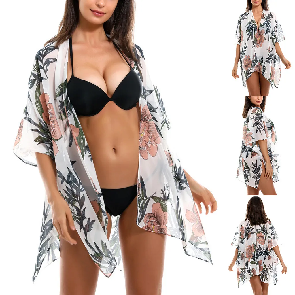 

Summer Casual Loose Swimsuit Bikini Cover Up Chiffon Printed Beach Dress Swimwear Women Kimono Cardigan 2020 Bathing Suit Covers