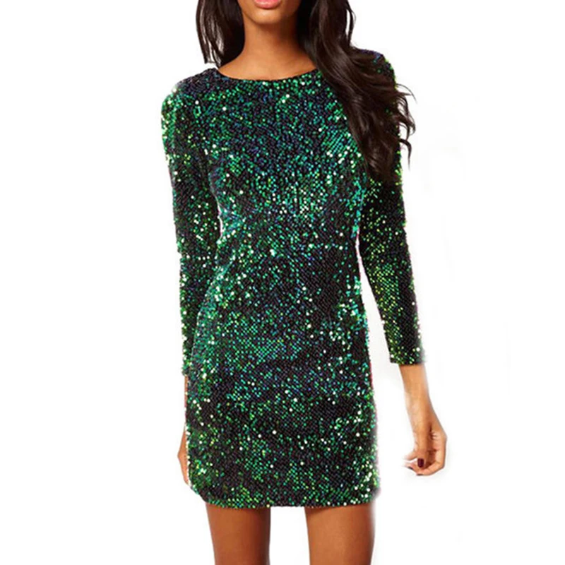 Женское платье с пайетками весна осень 2020 круглый вырез длинный рукав блестками