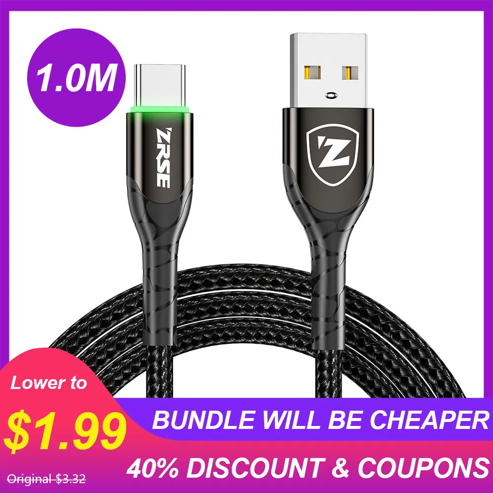 1M Black ZRSE светодиодный кабель usb type C 3M 2 м USB-C кабель передачи данных для быстрой зарядки телефона зарядное устройство Шнур для Xiaomi Redmi Note 8 7 huawei P30 Pro P20 - Цвет: 1M Black