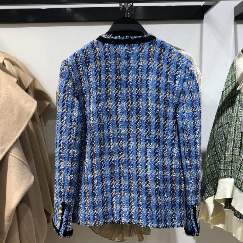 2020 New Vintage Women Blue Plaid Tweed Jacket Chic Single Breasted V-Neck Tassel Coat Woman Spring Autumn Outwear | Женская одежда