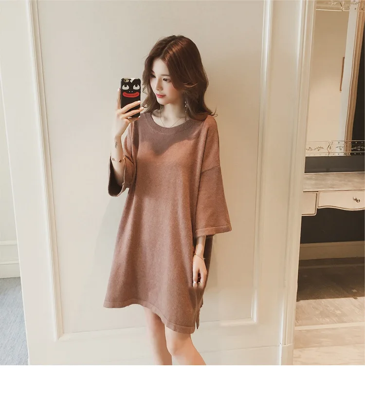 

0.4 Fashion New Arrival Autumn Spring Knitted Women Sweater three quarter o-neck solid color long pullover lace up