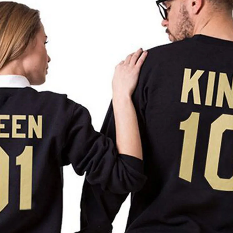 1 Pcs New Casual Hot Selling Popular Style Couple Golden English Letter King Queen Couple Sweatshirts Top For Lovers Polyester