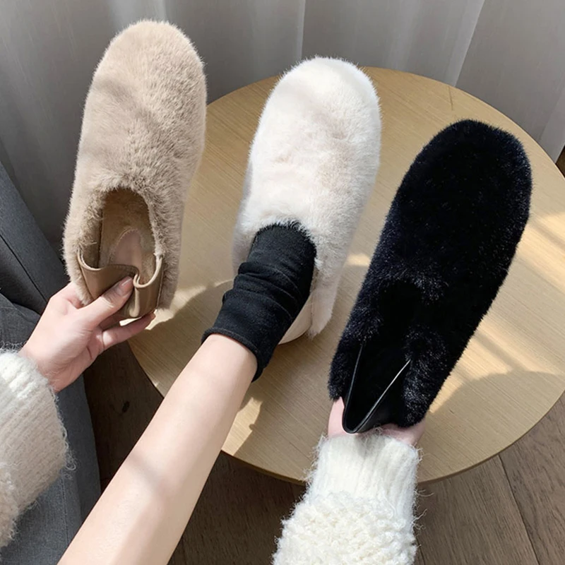 

Женские туфли, лоферы, плюшевые тапочки для взрослых, женская обувь с низким носком, из флока, 2021, мягкие, на плоской подошве, римские, с мехом,...