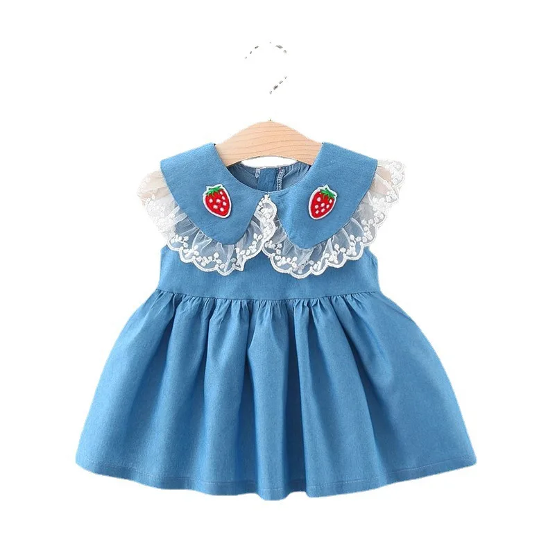 

Baywell Baby Clothes Infant Newborn Baby Girl Dress Summer Doll Collar Lace Trim Strawberry Cherry Embroidered Denim Dress