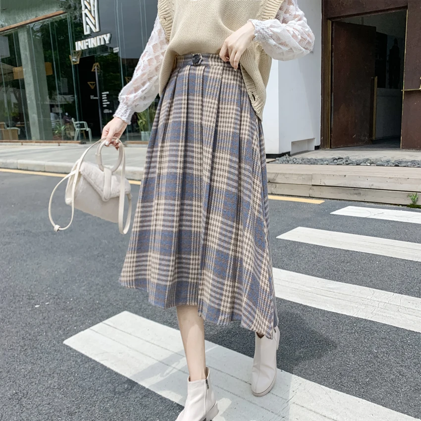 

Winter Plaid Skirt Women Korean Elegant Checked Woolen Skirts Female Autumn Jupe Femme Elastic High Waist A Line Pleated Skirt