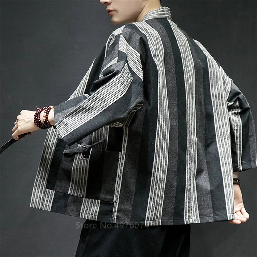 Мужское стильное кимоно кардиган в полоску пальто японском стиле Харадзюку